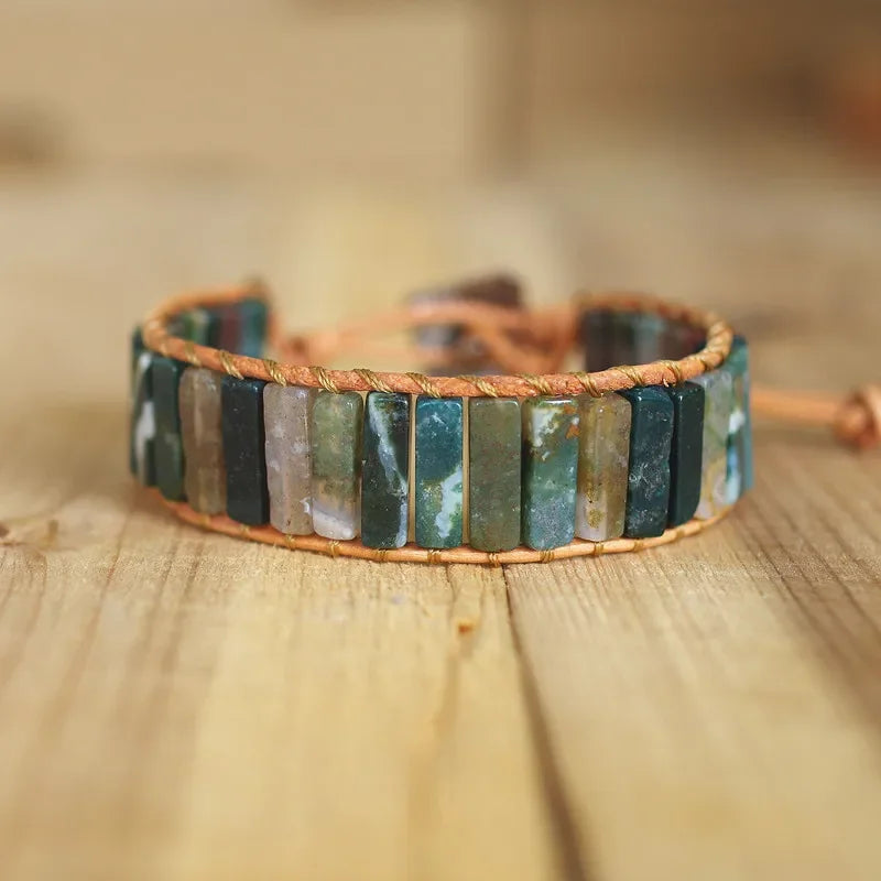 Handmade Boho Leather Wrap Bracelet with Natural Picasso Stone