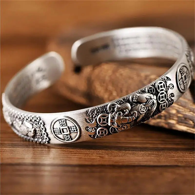 Pixiu Heart Sutra Bracelet — Copper Coin Wealth Charm | Thai Silver