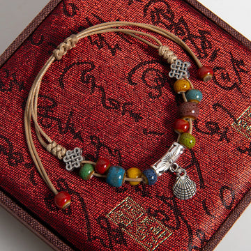 Colorful Ceramic Beaded Handmade Bracelet with Shell Charm Adjustable Boho Rope Jewelry S03-110