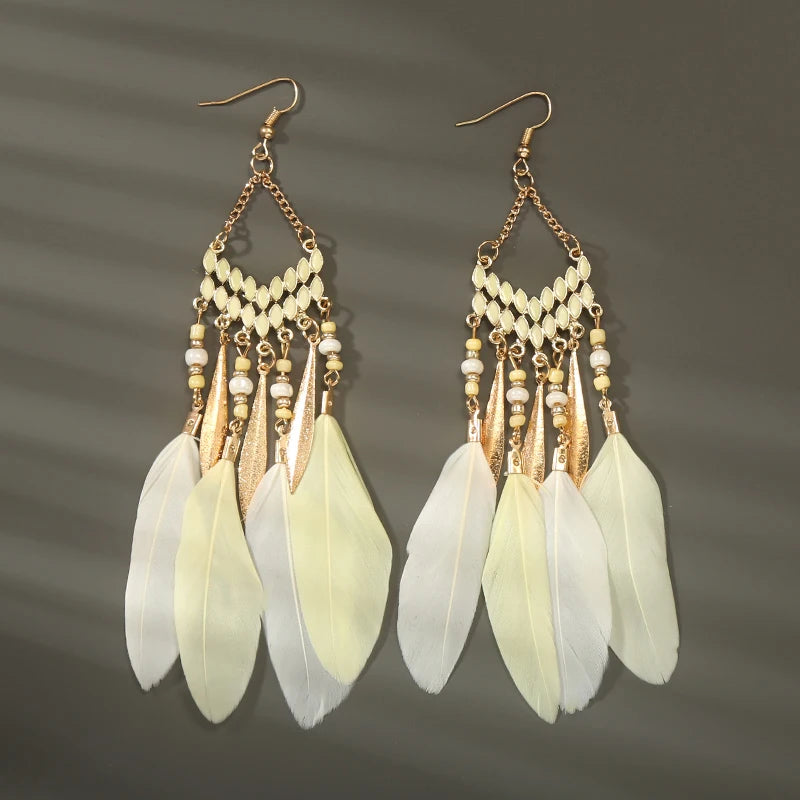 Tinkers Boho Long Feather Dangle Earrings For Women Beach Beads -