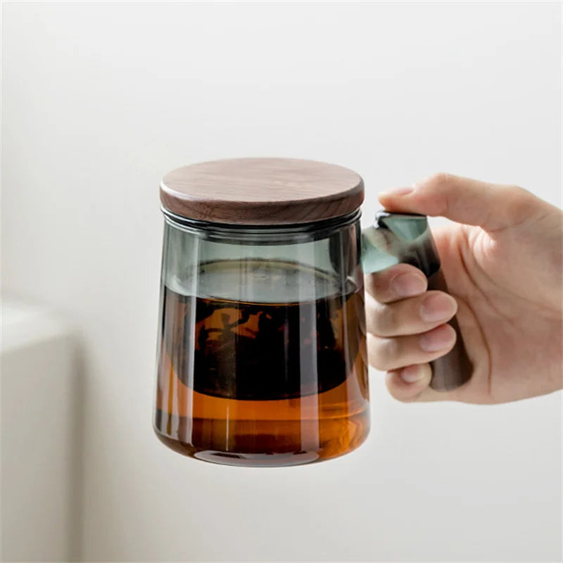 Glass Tea Cup with Walnut Wooden Handle, Lid & Filter — 400ml
