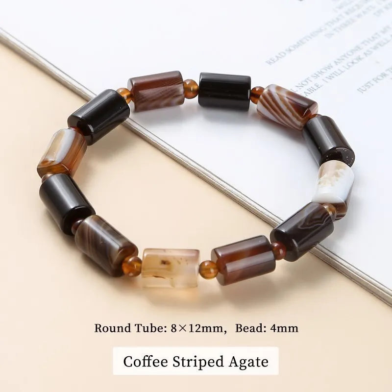 Genuine Natural Coffee Lace Agate Bracelet Women Handmade Tibetan Buddha Hand String Tube Rosary Prayer Charm Yoga Bangles