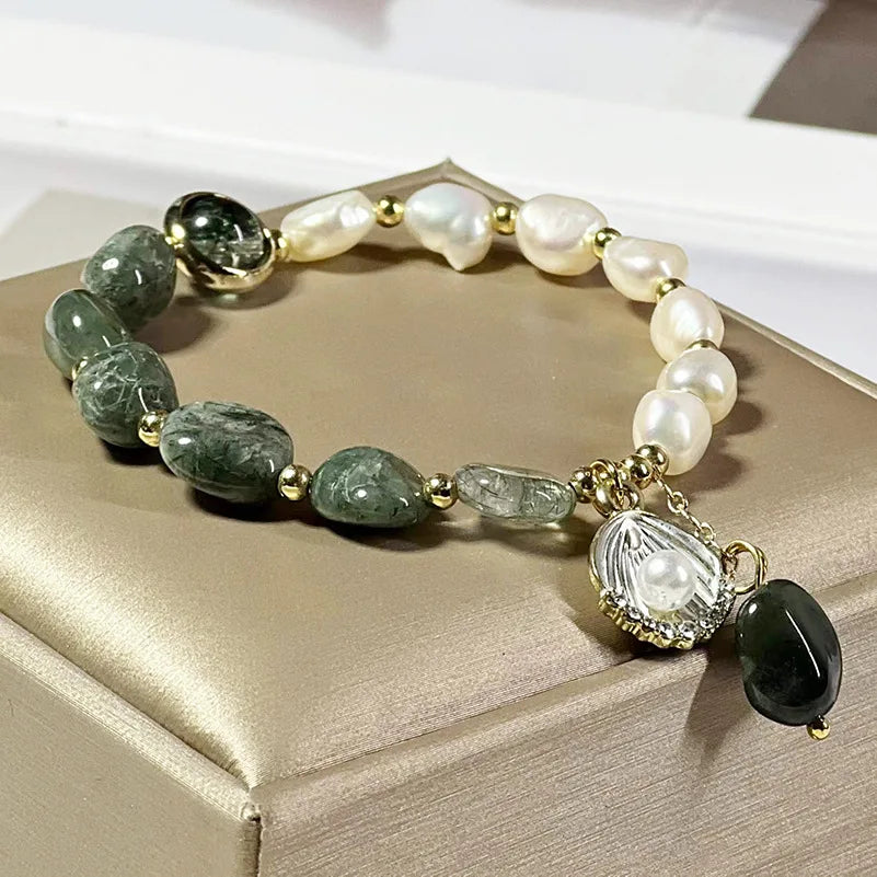 Elegant Handcrafted Pearl and Green Crystal Bracelet by Tinkers for Women Healing Energy