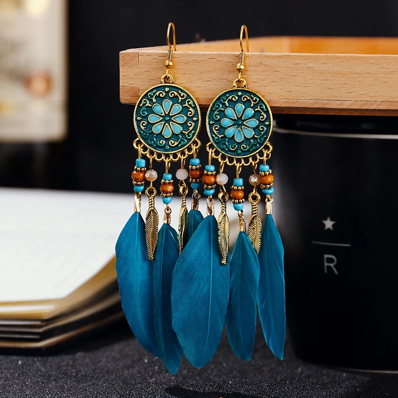 Tinkers Boho Long Feather Dangle Earrings For Women Beach Beads -