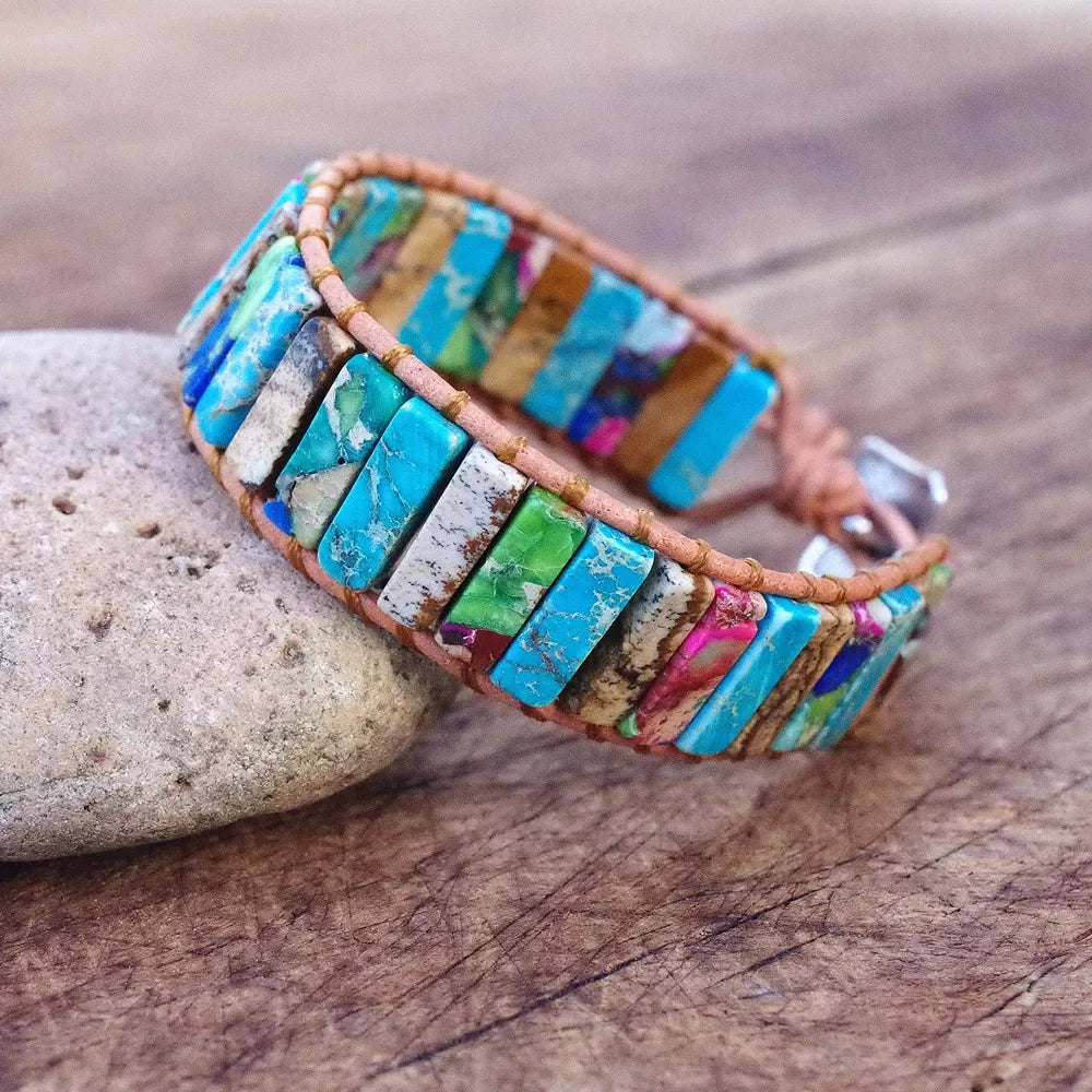 Handmade Boho Leather Wrap Bracelet with Natural Picasso Stone