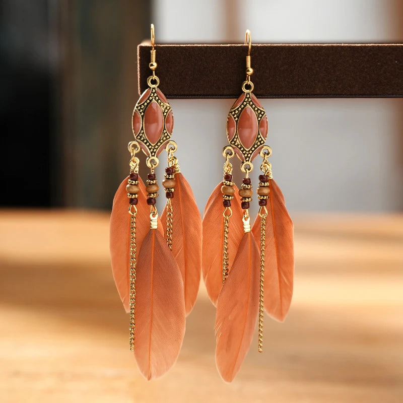 Tinkers Bohemian Brown Feather Earrings For Women Handmade Jewelry -