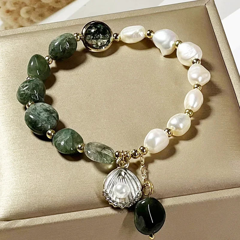 Elegant Handcrafted Pearl and Green Crystal Bracelet by Tinkers for Women Healing Energy