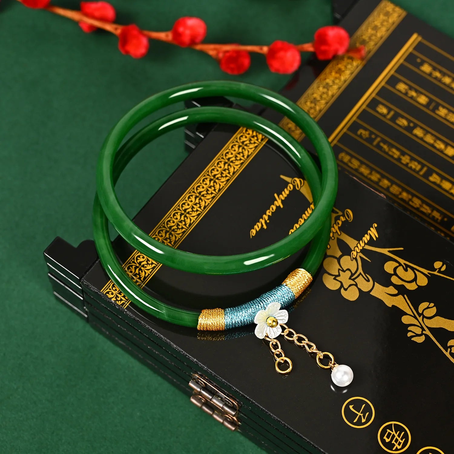 Tinkers Two Piece Set Natural Jade Jingle Bangles Bracelet Women -