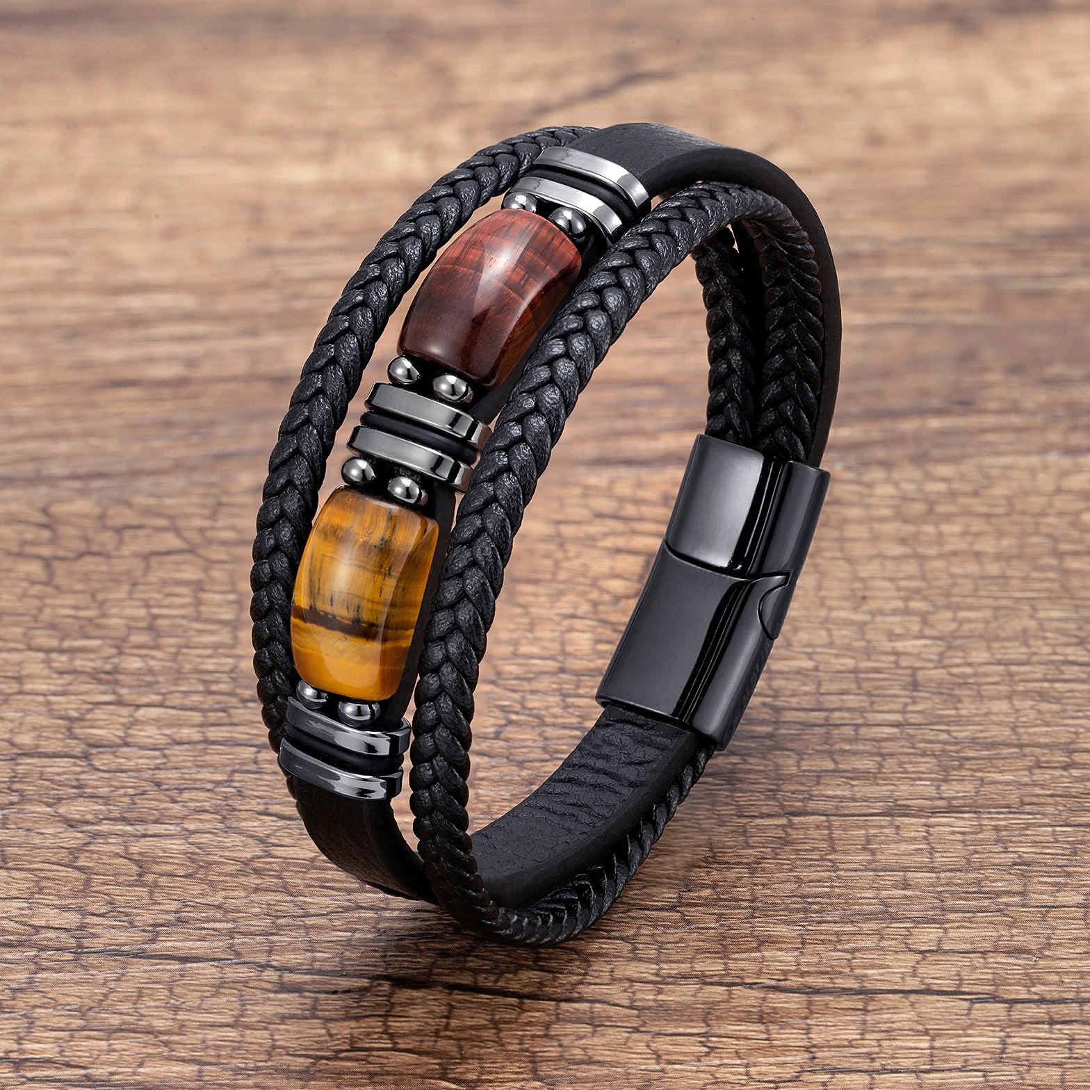 Tinkers New Natural Tiger Eye Stone Men's Leather Bracelet Classic - Apparel & Accessories > Jewelry > Bracelets