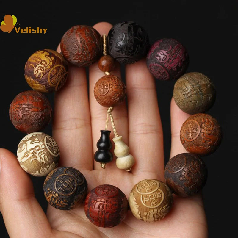 Classic 20mm Handmade Wood Carved Beaded Bracelet Pendant