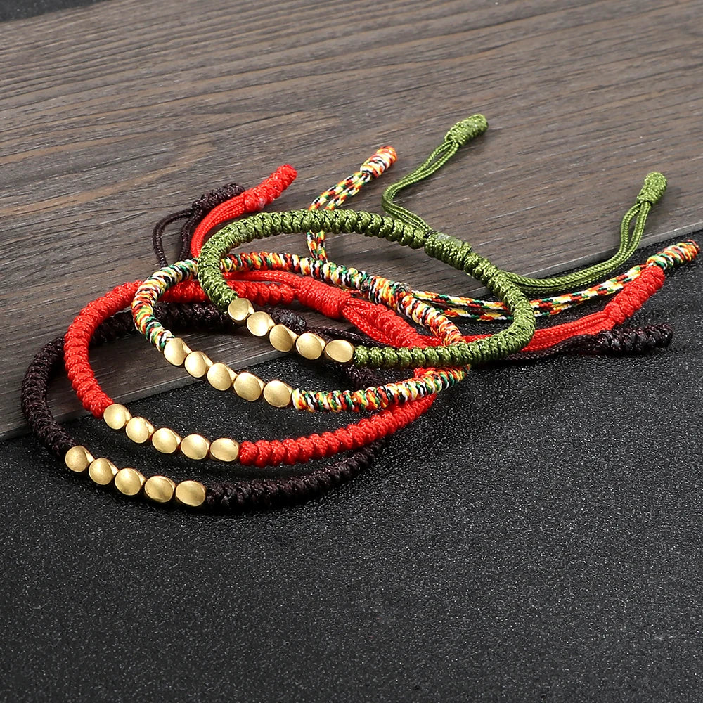 Tinkers Handmade Tibetan Copper Bead Braided Bracelet Unisex Red -