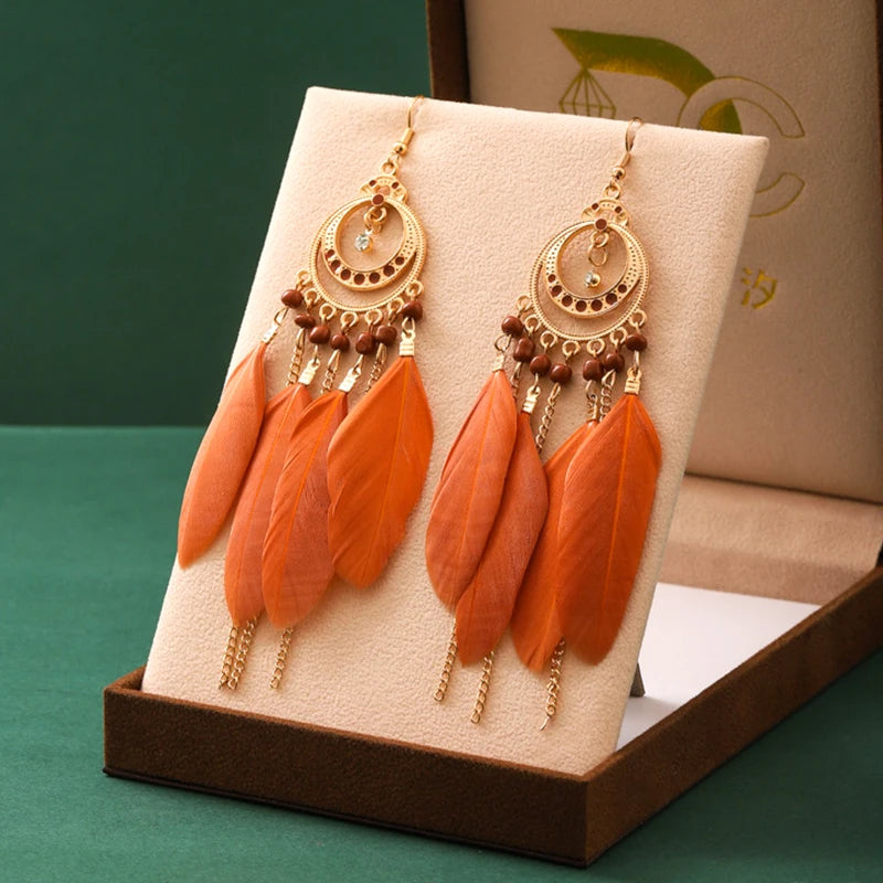 Tinkers Bohemian Brown Feather Earrings For Women Handmade Jewelry -