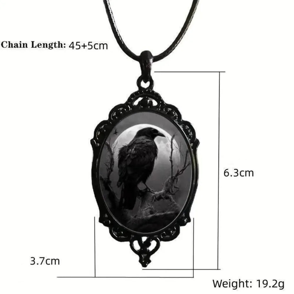Gothic Retro Dark Oval Lacework Crow Moon Pendant Necklace