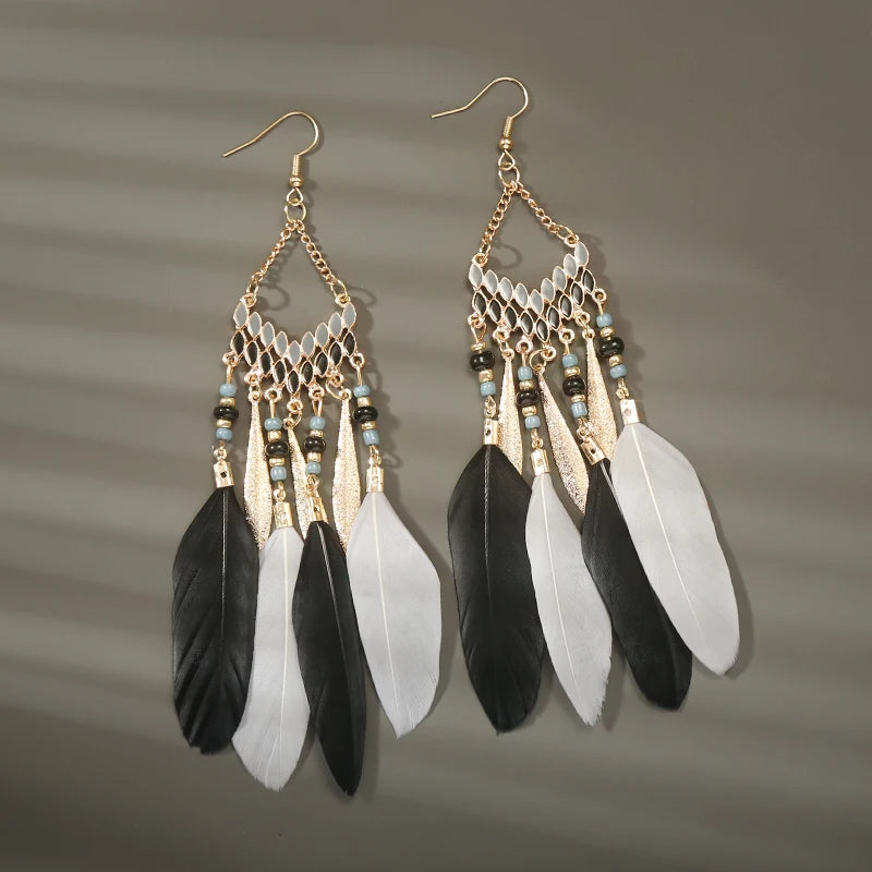 Tinkers Boho Long Feather Dangle Earrings For Women Beach Beads -