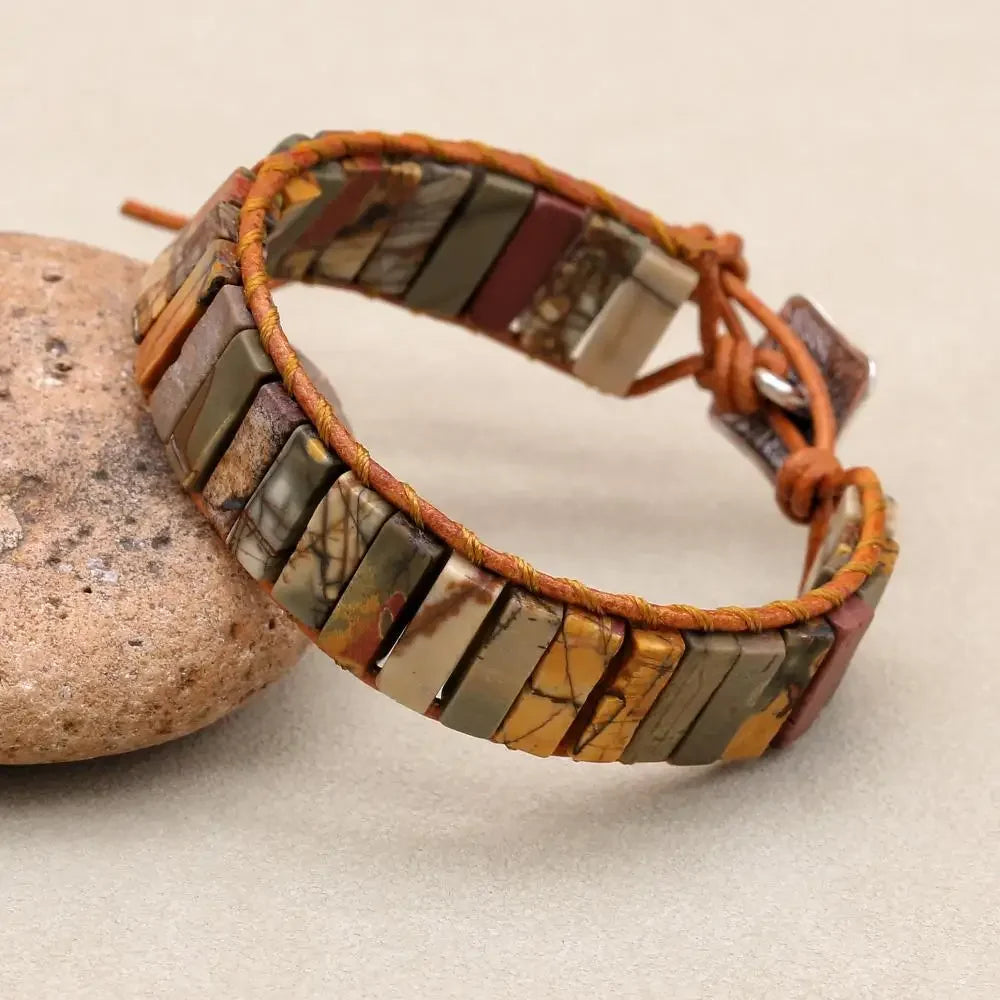 Handmade Boho Leather Wrap Bracelet with Natural Picasso Stone
