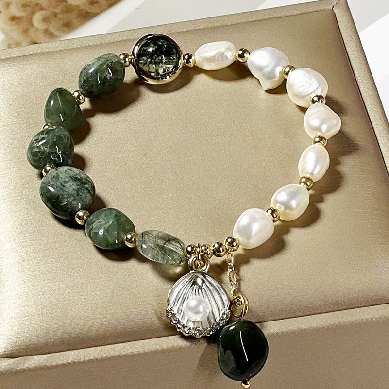 Elegant Handcrafted Pearl and Green Crystal Bracelet by Tinkers for Women Healing Energy