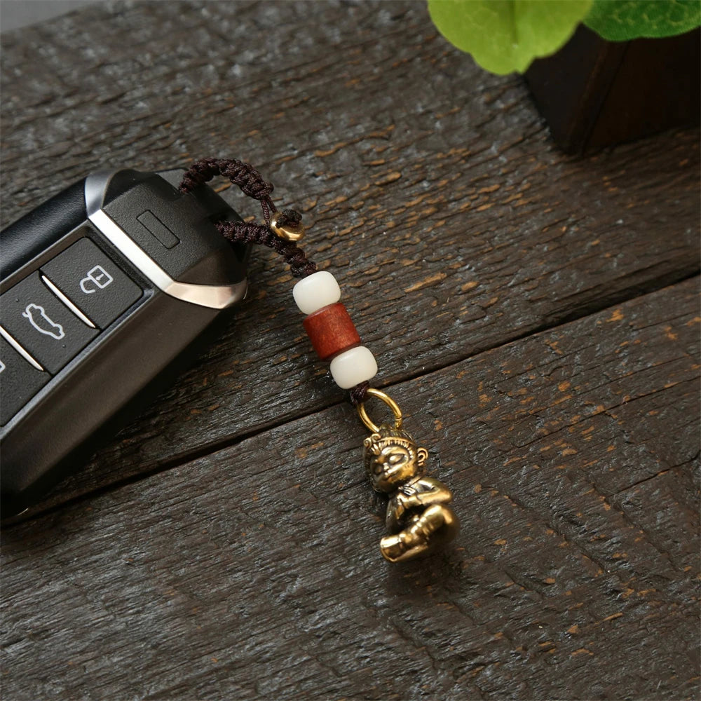 Tinkers Vintage Brass Monkey Keychain Handmade Braided Rope Amulet -