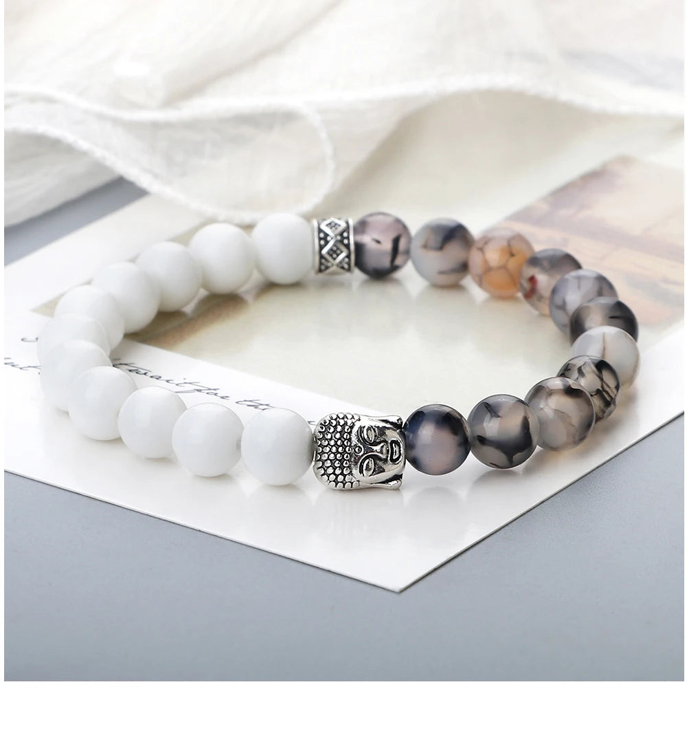 Tibetan Buddha Head Natural Stone Bracelet – 8mm Tiger Eye, Lava & More