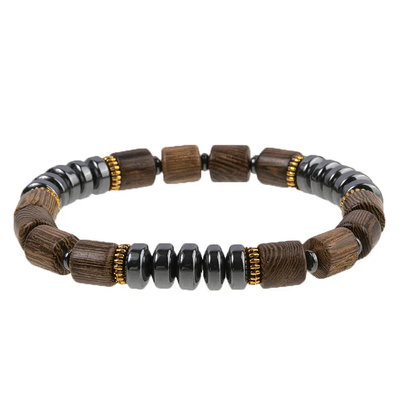 Women's Black Hematite & Wood Bead Bracelet | Handmade Elastic Stretch | Health Jewelry