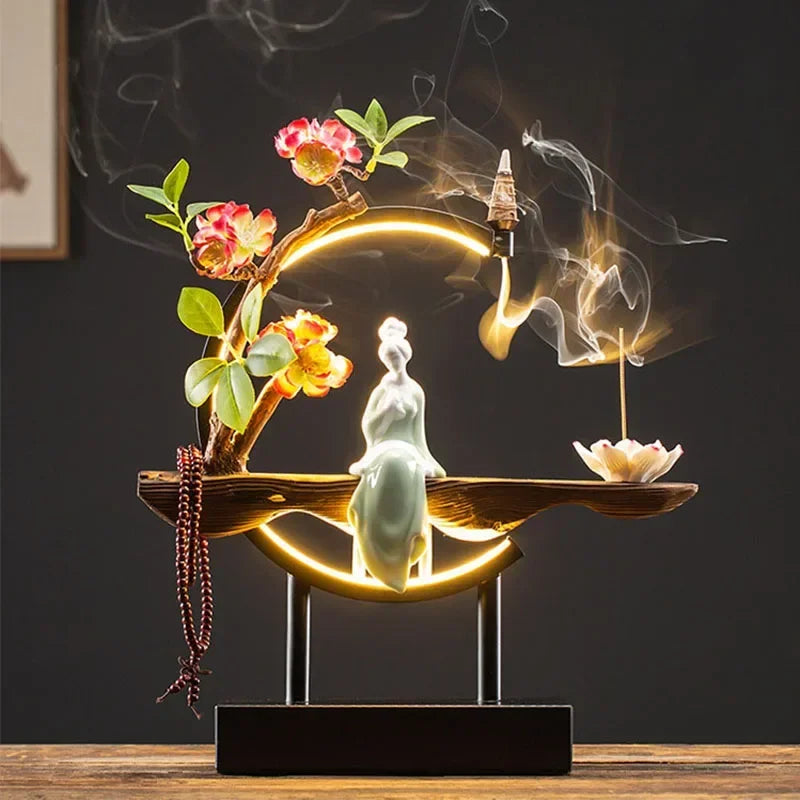 Tinkers Chinese Style Backflow Incense Burner LED USB Ceramic Lotus -