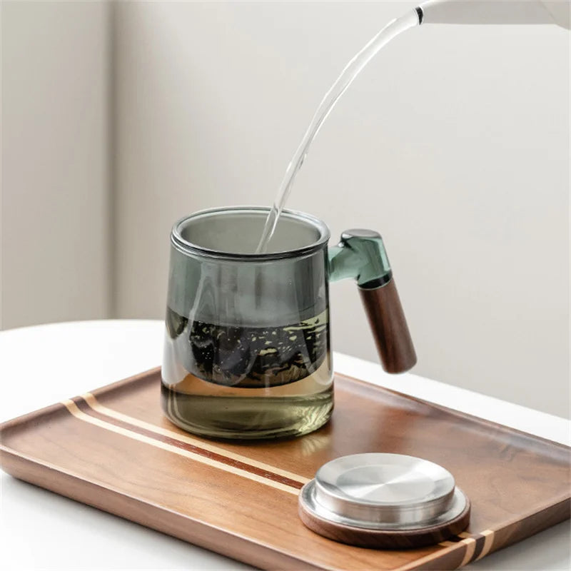 Glass Tea Cup with Walnut Wooden Handle, Lid & Filter — 400ml