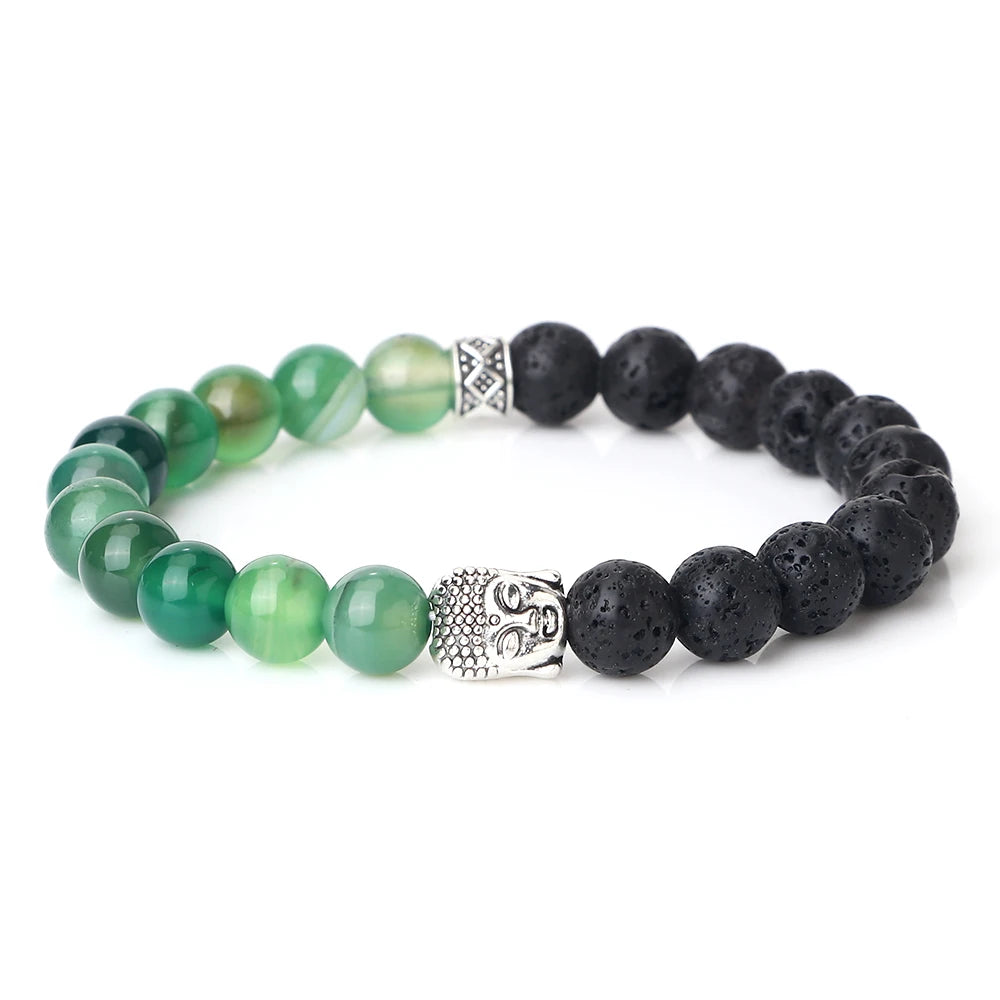 Tibetan Buddha Head Natural Stone Bracelet – 8mm Tiger Eye, Lava & More
