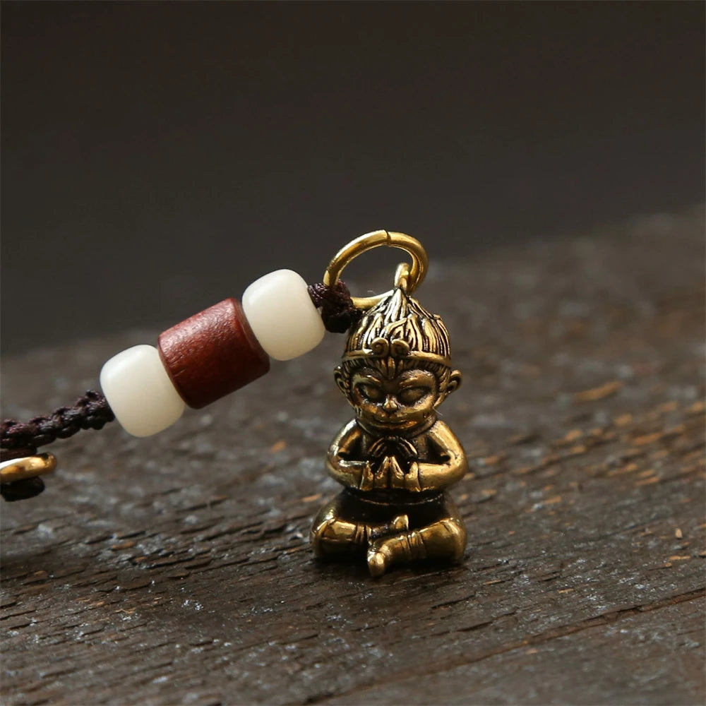 Tinkers Vintage Brass Monkey Keychain Handmade Braided Rope Amulet -