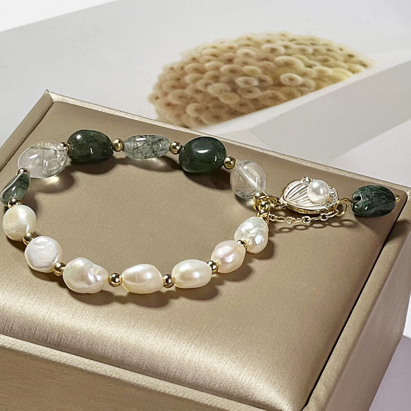 Elegant Handcrafted Pearl and Green Crystal Bracelet by Tinkers for Women Healing Energy