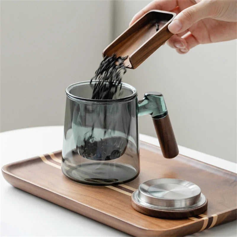 Glass Tea Cup with Walnut Wooden Handle, Lid & Filter — 400ml