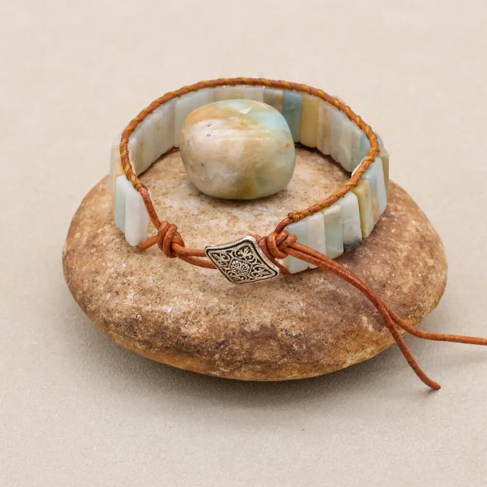 Handmade Boho Leather Wrap Bracelet with Natural Picasso Stone