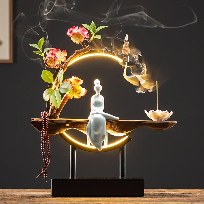 Tinkers Chinese Style Backflow Incense Burner LED USB Ceramic Lotus -