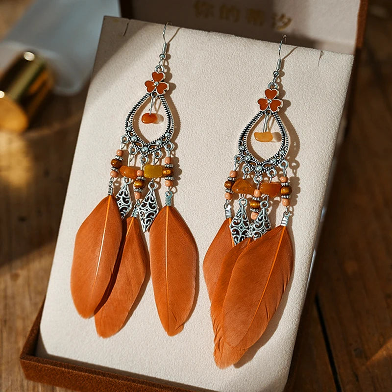 Tinkers Bohemian Brown Feather Earrings For Women Handmade Jewelry -