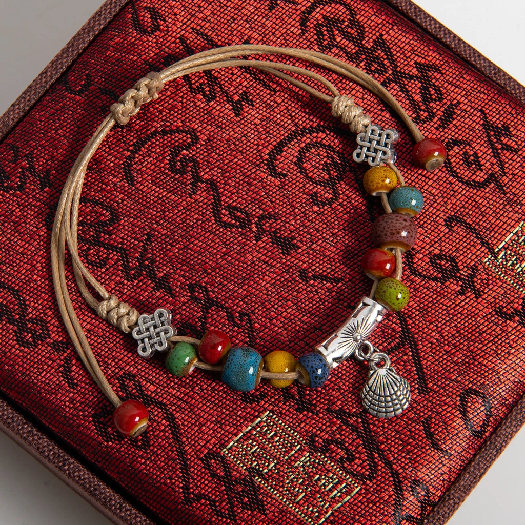 Colorful Ceramic Beaded Handmade Bracelet with Shell Charm Adjustable Boho Rope Jewelry S03-110