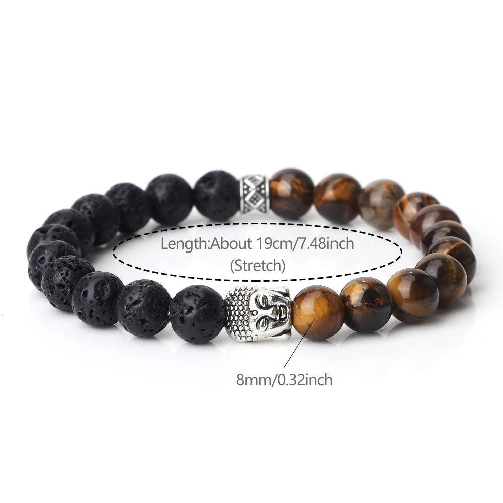 Tibetan Buddha Head Natural Stone Bracelet – 8mm Tiger Eye, Lava & More