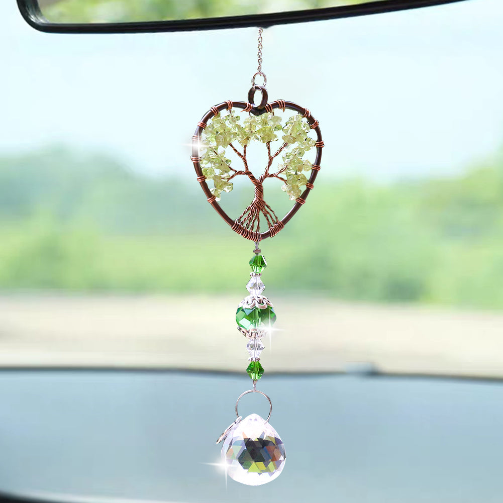 Green Quartz Heart Tree of Life Suncatcher – Healing Crystal Car & Window Charm