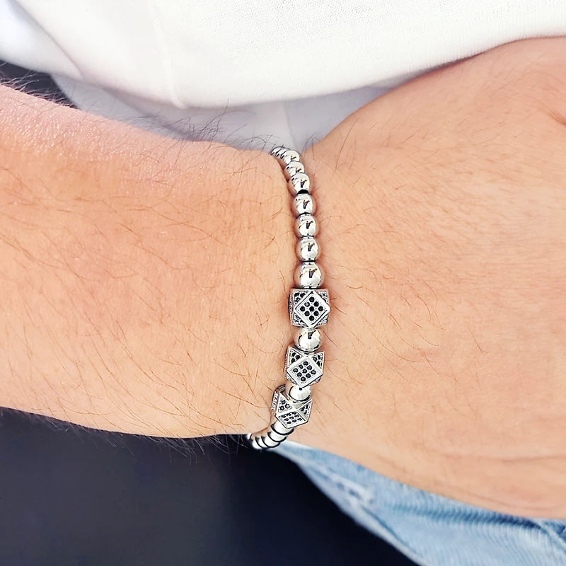 18K Gold-Plated Stainless Steel Beaded Bracelet – Unisex Couple Jewelry