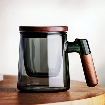 Glass Tea Cup with Walnut Wooden Handle, Lid & Filter — 400ml