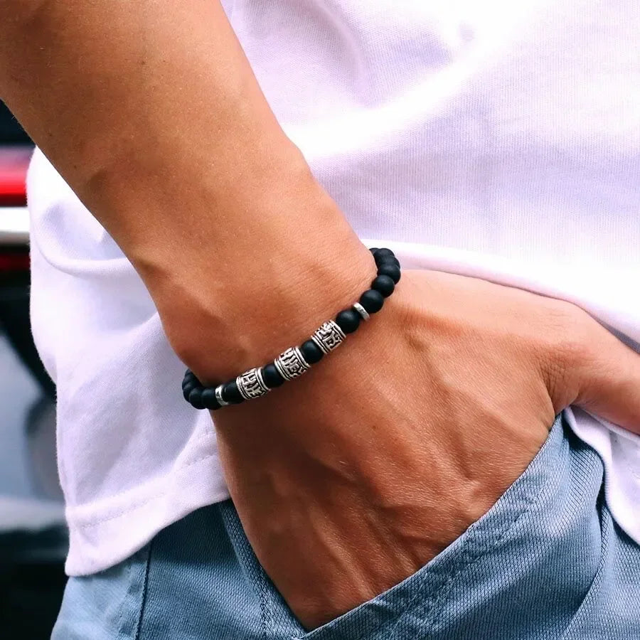 Men’s Stone Bead Mantra Bracelet — Howlite, Lava & Tiger Eye