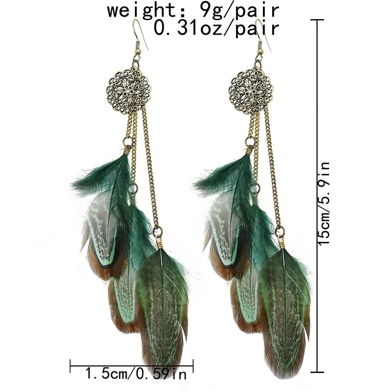 Tinkers Bohemian Feather Earrings For Women Vintage Ethnic Chain -