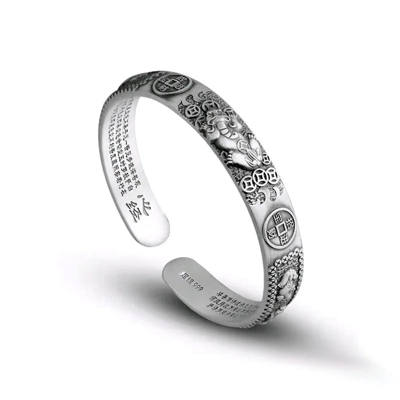 Pixiu Heart Sutra Bracelet — Copper Coin Wealth Charm | Thai Silver
