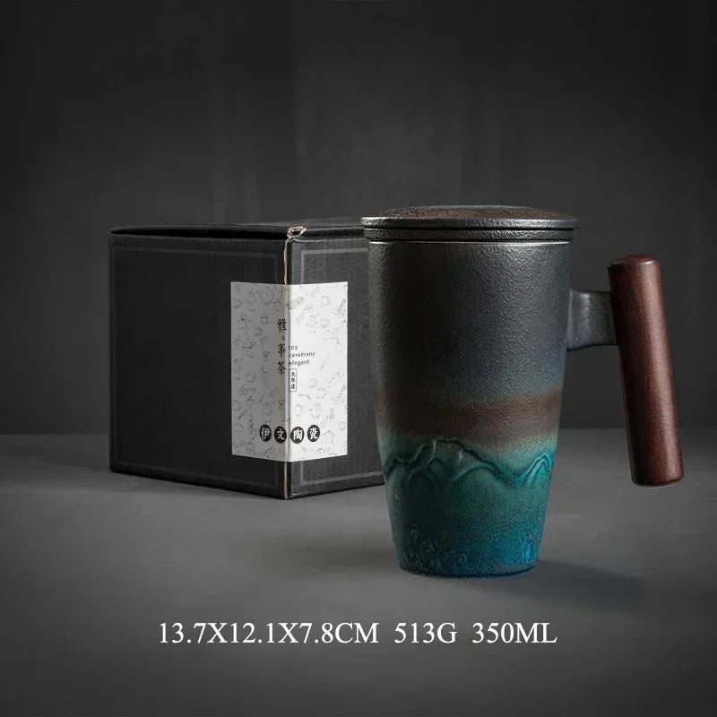 Retro Ceramic Tea Mug — Large 300ml with Lid & Wooden Handle