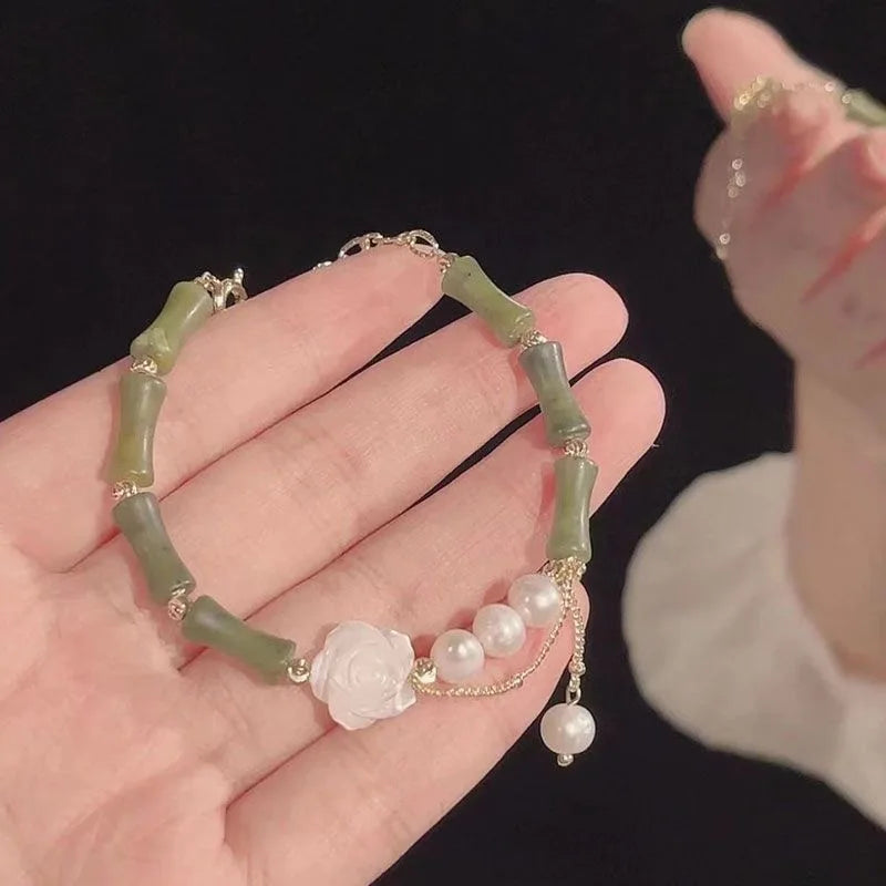 Tinkers Elegant Green Bamboo Beaded Bracelet Flower Pendant - Uncategorized