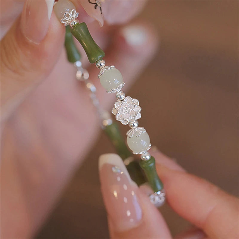 Tinkers Elegant Green Bamboo Beaded Bracelet Flower Pendant - Uncategorized