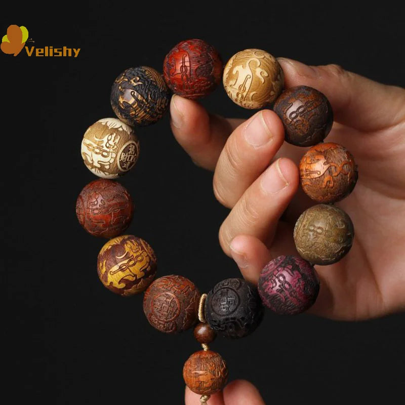 Classic 20mm Handmade Wood Carved Beaded Bracelet Pendant