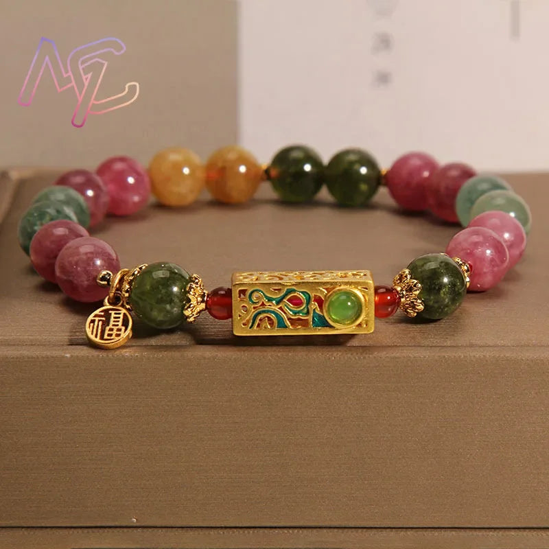 Tinkers Natural Jade Agate Bracelet 18K Gold Plated Flower Design -