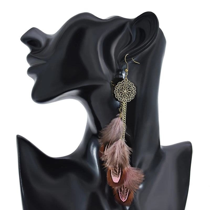 Tinkers Bohemian Feather Earrings For Women Vintage Ethnic Chain -