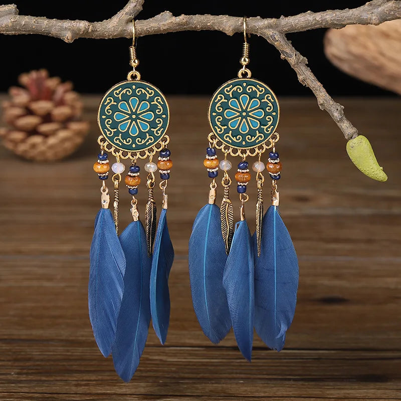 Tinkers Boho Long Feather Dangle Earrings For Women Beach Beads -