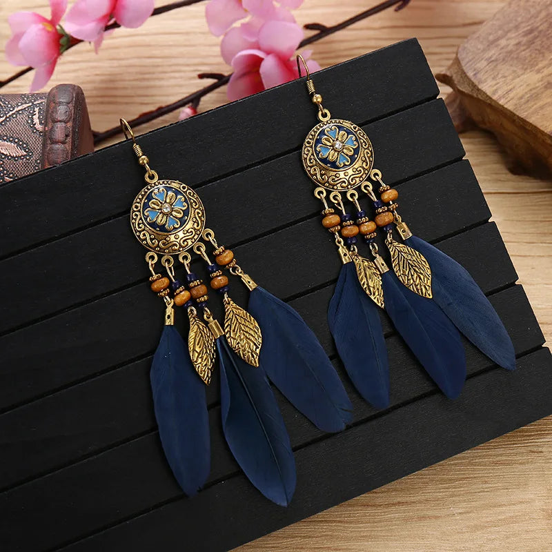 Tinkers Bohemian Feather Tassel Earrings For Women Long Carved Leaf - Apparel & Accessories > Jewelry > Earrings