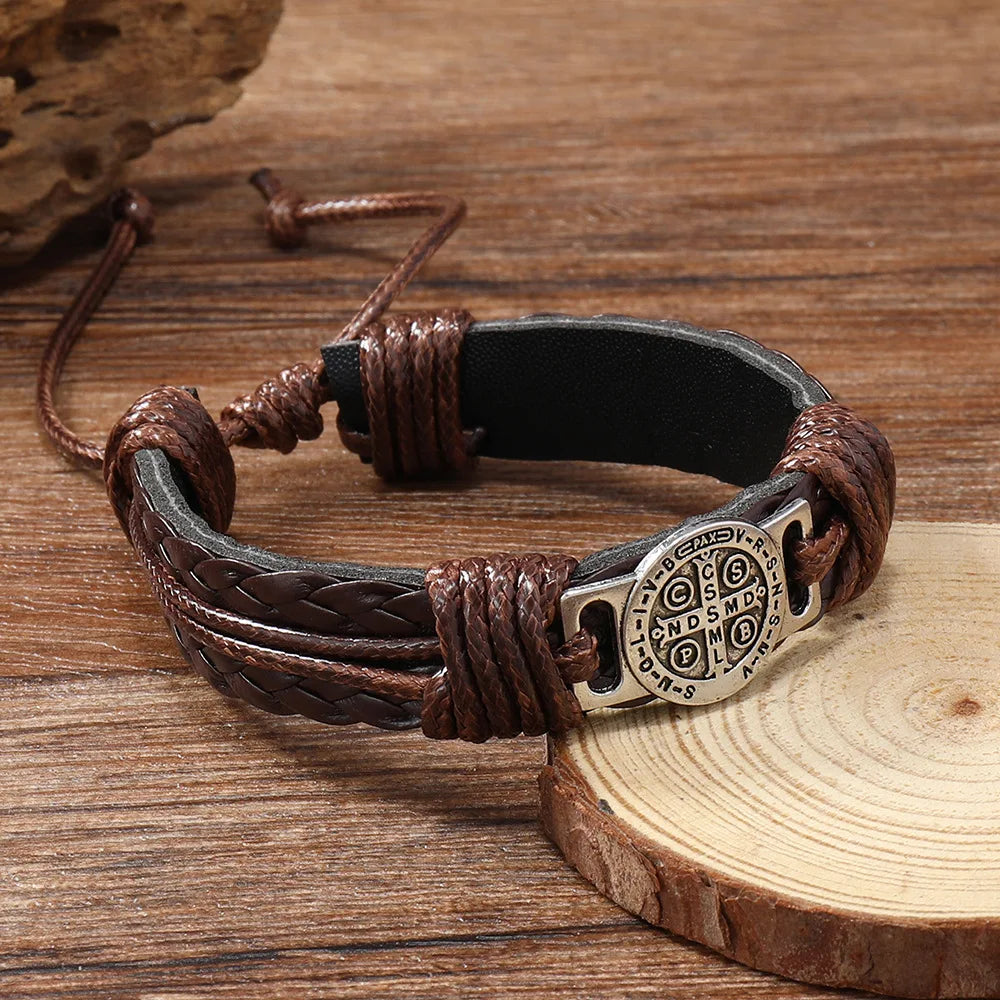 Men's Vintage Braided Leather Bracelet | Cross & Scripture | Punk Retro Lace-Up