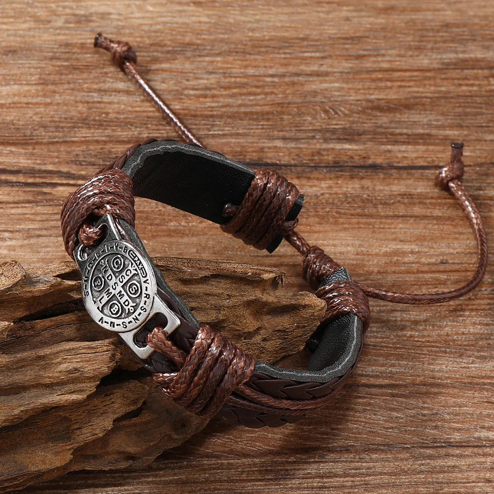Men's Vintage Braided Leather Bracelet | Cross & Scripture | Punk Retro Lace-Up